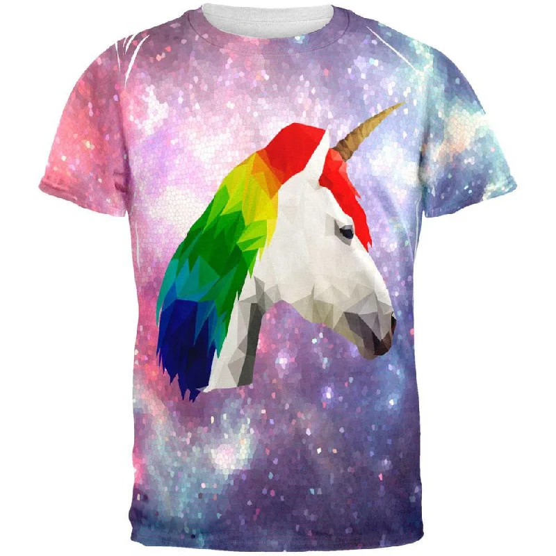 Geometric Rainbow Galaxy Unicorn All Over Adult T-ShirtLeather-Paneled T-Shirts