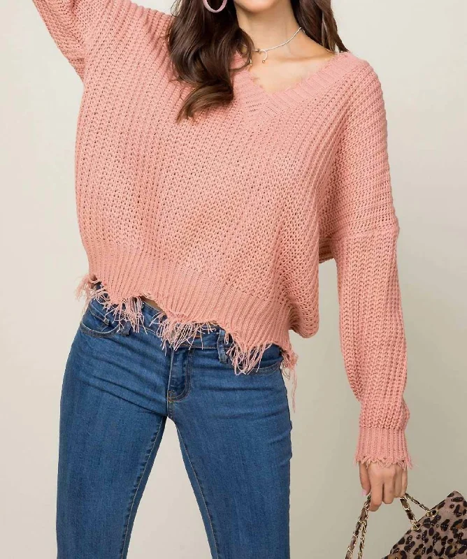 Frayed V-Neck Sweater In Terra Cotta