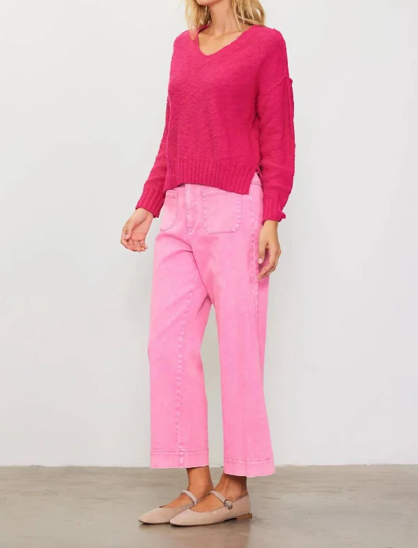 Relaxed V-Neck Sweater In Peony Pink