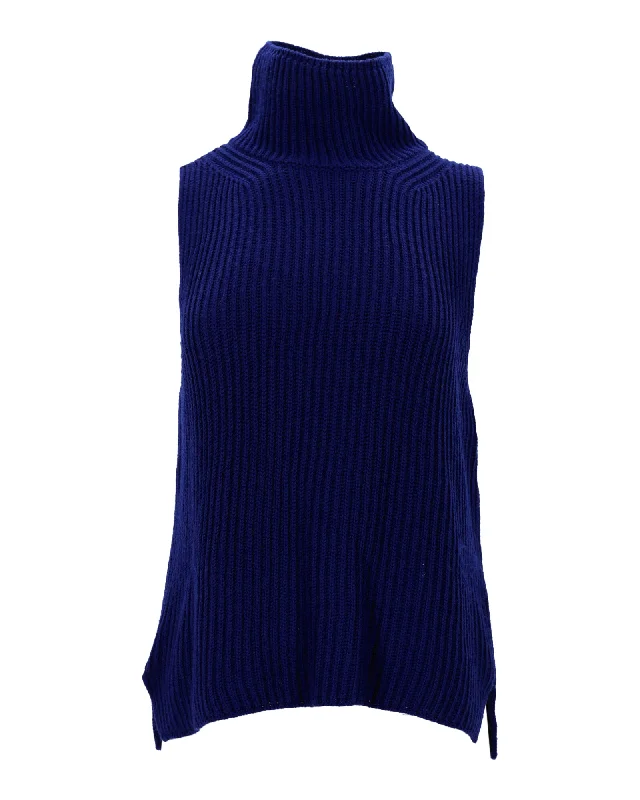 Max Mara Weekend Ribbed Sleeveless Turtleneck Top in Navy Blue Wool