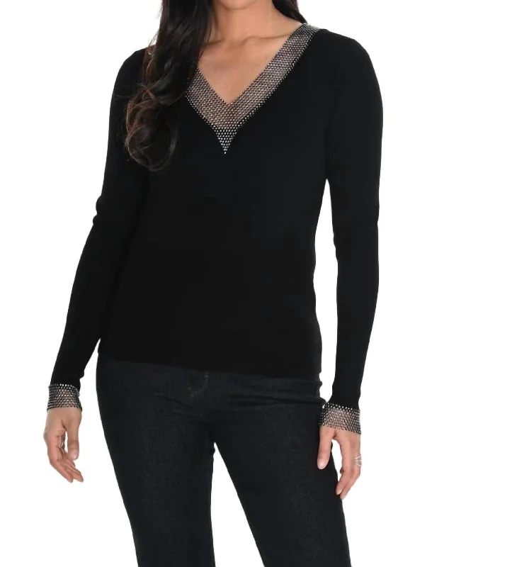 V-Neck Sweater With Crystal Stone Detail In Black