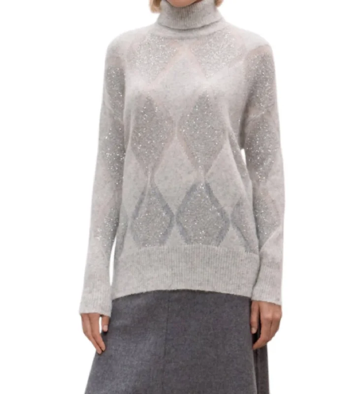 Pailette Argyle Turtleneck Sweater In Pearl Grey