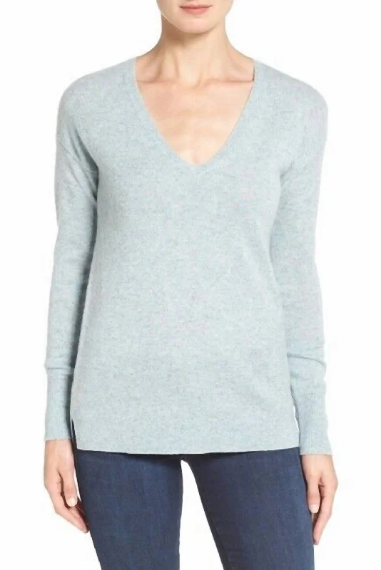 Classic V-Neck Side Slit High Low Sweater In Aqua Blue