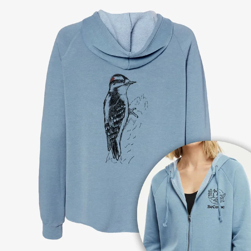 Mesh-Lined HoodiesDowny Woodpecker - Picoides pubescens - Women's Cali Wave Zip-Up Sweatshirt