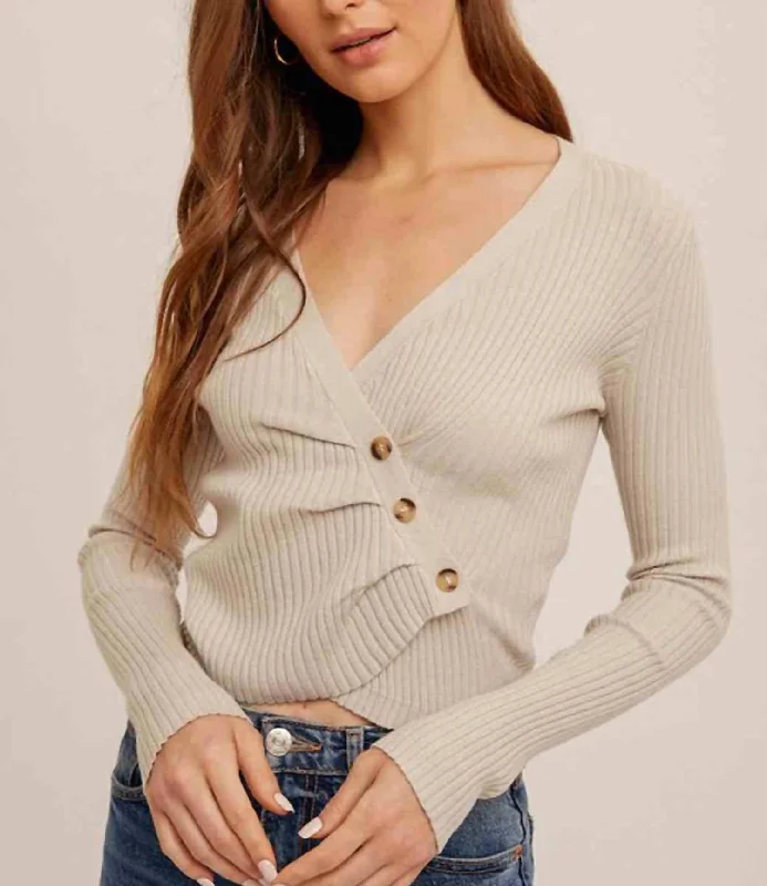 Asymmetrical Pleat Ribbed V-Neck Sweater In Dove