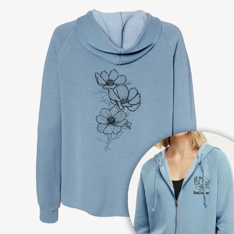 Mesh-Lined HoodiesGarden Cosmos - Apollo White Cosmos bipinnatus - Women's Cali Wave Zip-Up Sweatshirt