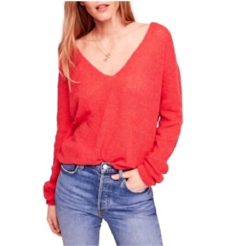 Coral Knit Gossamer V-Neck Sweater In Red