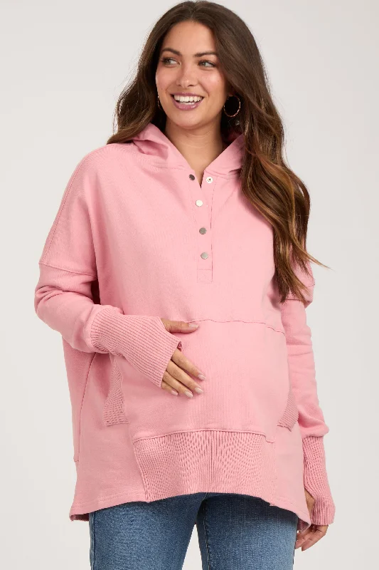 Beaded SweatshirtsPink Button Front Ribbed Trim Maternity Hooded Sweatshirt