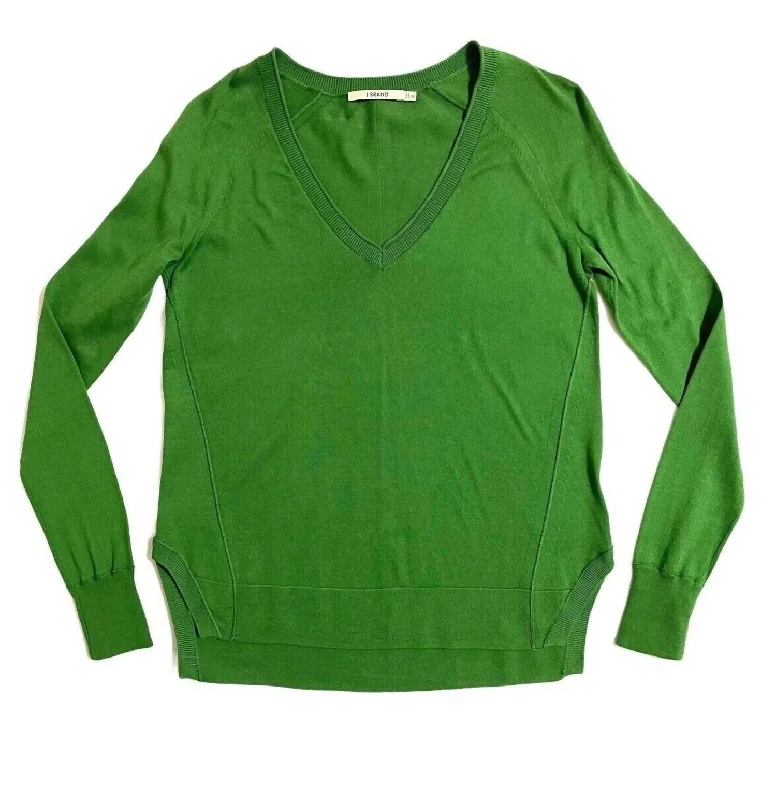 Women's V-Neck Cotton Side Slits Relaxed Sweater In Green