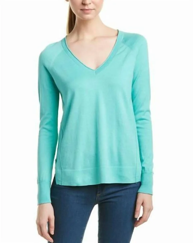 V-Neck Pullover Cotton Knit Side Slits Fit Sweater In Blue