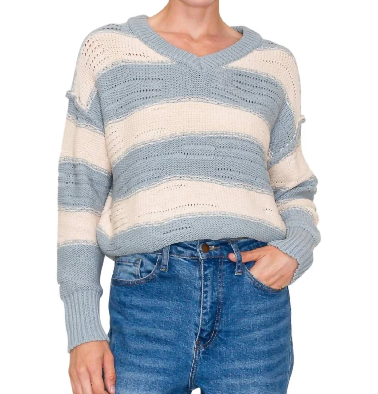 Distressed Detail Bold Striped V-Neck Sweater In Dusty Blue