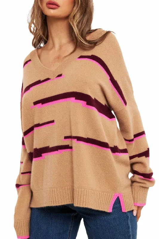 Glitch Zebra V-Neck Sweater Top In Camel