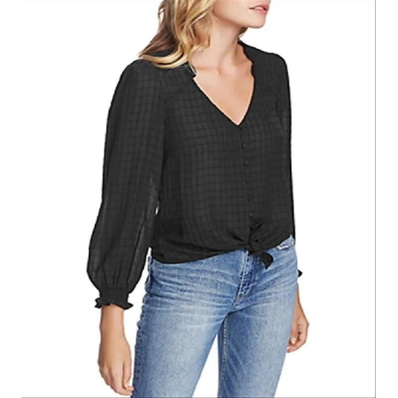 1.State Women's Ruffle Window Pane Blouse Black Size SmallRayon Shirts