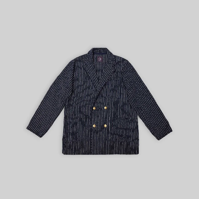 Handwoven Pinstripe Double-Breasted Jacket with Metallic ButtonsSherpa Jackets