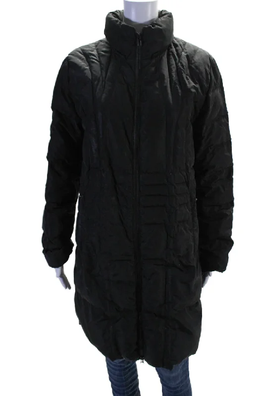 Moncler Womens Quilted Texture Long Zip Collared Hood Puffer Jacket BlackRainproof Jackets