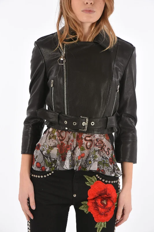 Philipp Plein COUTURE leather SENSATION ONE biker jacket with beltTasseled Jackets