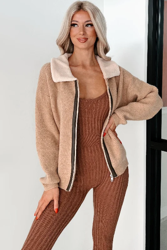 Cappuccino Cozy Sherpa Collar Sweater Jacket (Taupe)Polyester Jackets