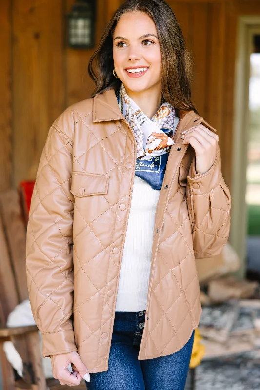 On A Mission Camel Brown Faux Leather Puffer JacketMetallic Jackets