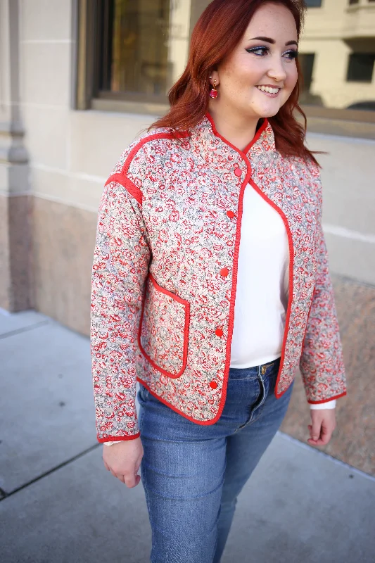 Red Mini Floral Print Quilted Jacket | Boutique Elise | RoryThermal Jackets