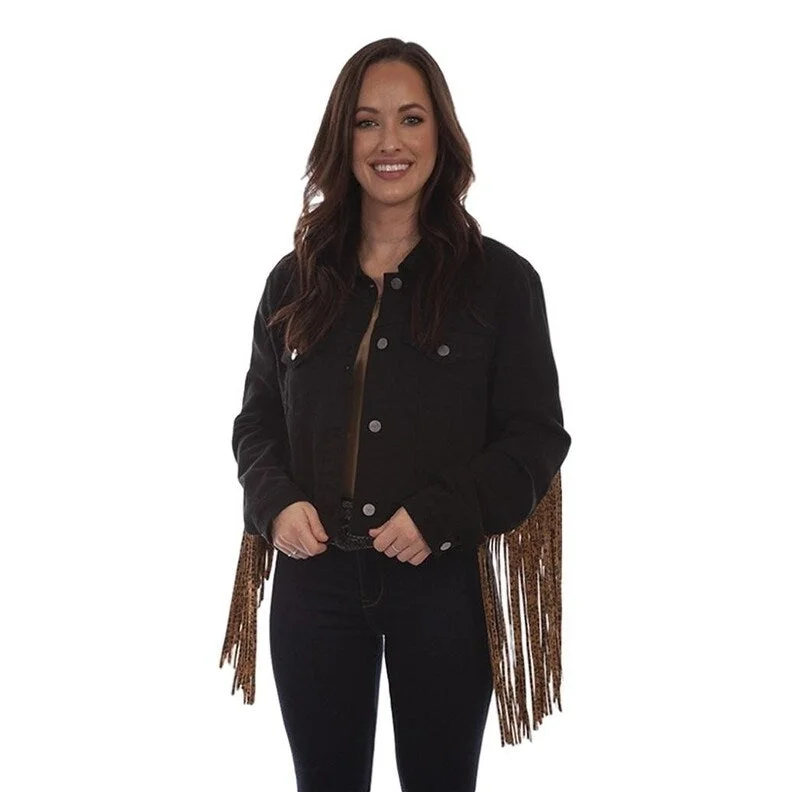 Scully Western Jacket Womens Jean Button Leopard Fringe Black F0_HC662Nylon Jackets