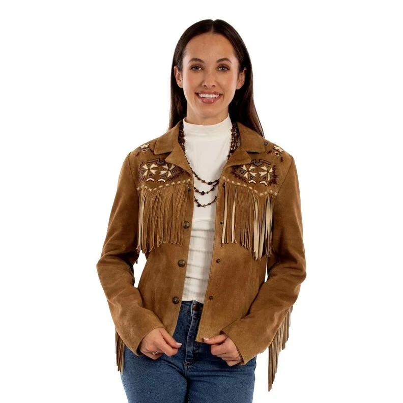 Scully Western Jacket Womens Leather Beaded Fringe Tan F0_L1142Button-Up Jackets