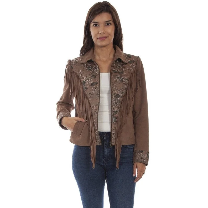 Scully Western Jacket Womens Suede Floral Print Fringe Sand F0_L1054Ribbed Cuff Jackets