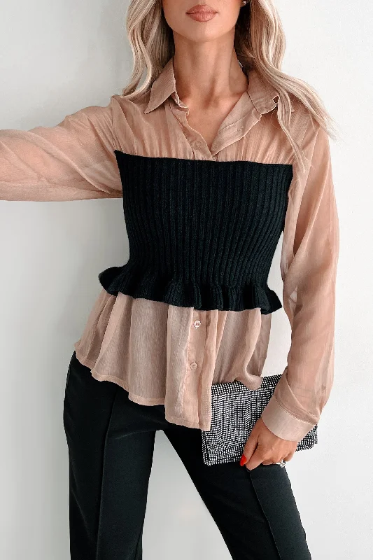 Sheer Knit TopsAubrina Sheer Sweater Contrast Blouse (Mocha/Black)