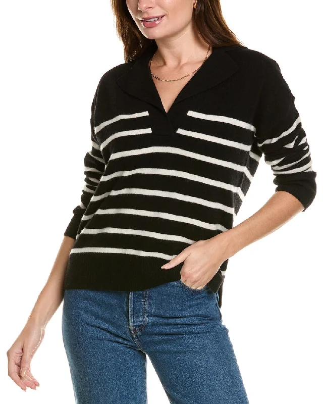 French Terry Knit TopsDesign History Striped Notched Collar Cashmere Sweater