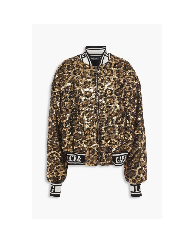 Graphic Knit TopsDolce & Gabbana  Leopard Print Sequin Bomber Jacket