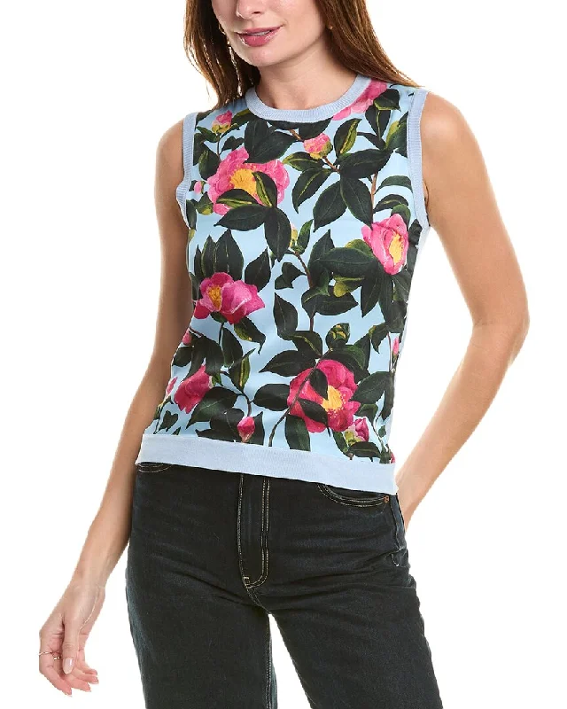 Angora Knit TopsOscar De La Renta Camellia Print Inset Silk-Blend Tank