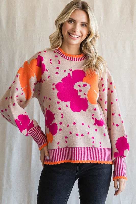 Casual Knit TopsBright Abstract Floral Sweater {Taupe Mix}