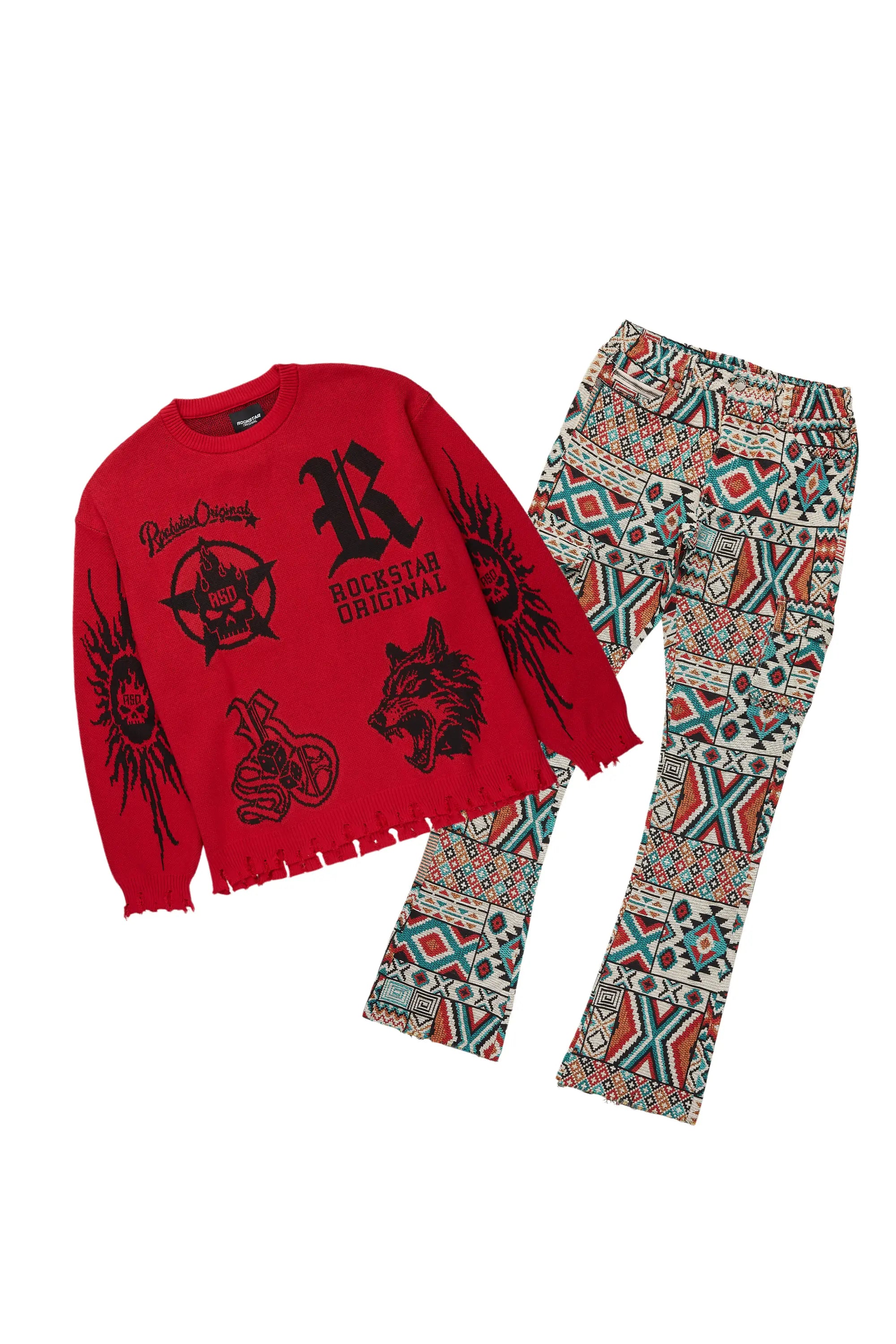 Thermal Knit TopsFagan Red Knit Sweater & Nard Stacked Flare Tapestry Jean Bundle