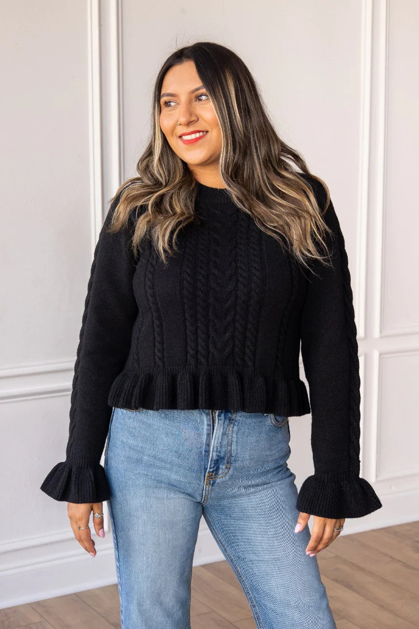 Thermal Knit TopsRuffle Trim Sweater {Black}