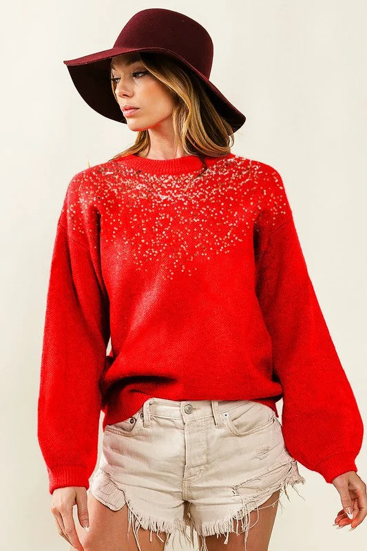 Metallic Knit TopsSee Me Sparkling Sequin Sweater {Red}