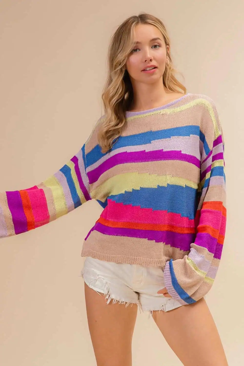 Linen Knit TopsBiBi Multi Color Geometric Stripe Sweater