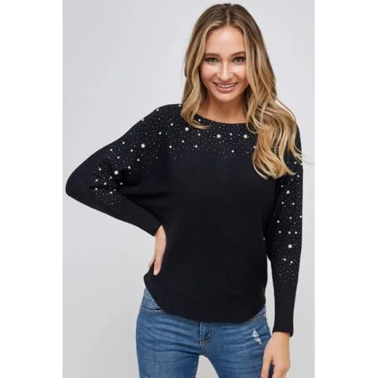 Glitter Knit TopsBlack Dolman Sweater with Pearls