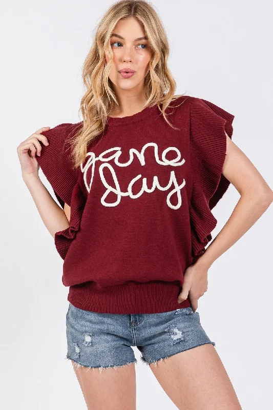 Asymmetrical Knit TopsBurgundy/White Ruffle Sleeve Gameday Sweater Top