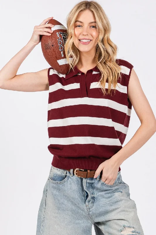 Off-Shoulder Knit TopsBurgundy/White Striped Sleeveless Sweater Top