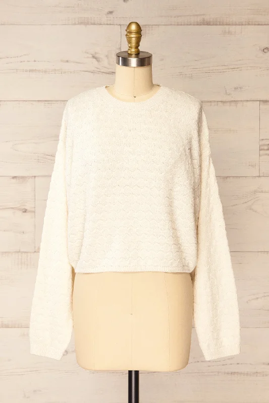 Cycling Knit TopsCozumel | White Knit Sweater w/ Scalloped Pattern