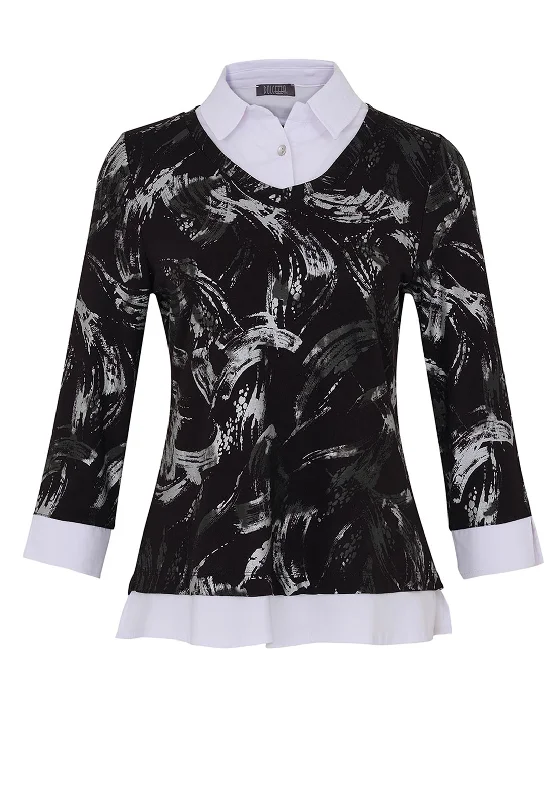 Ribbed Knit TopsDolcezza Brush Stroke Print Sweater & Shirt Two Piece, Black