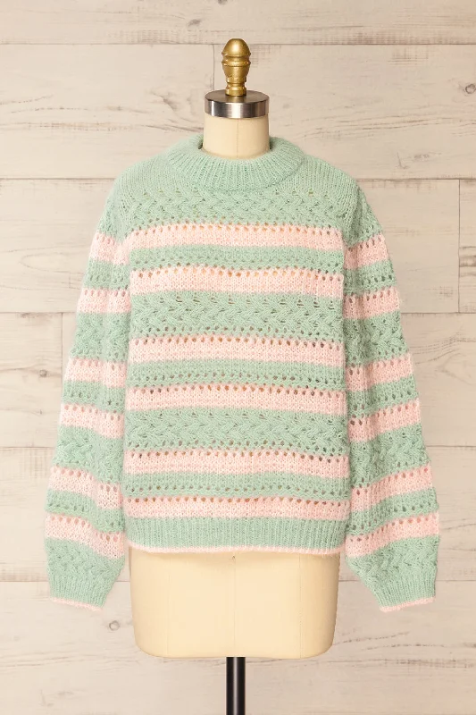 Fishing Knit TopsEngomi | Striped Openwork Fuzzy Knit Sweater