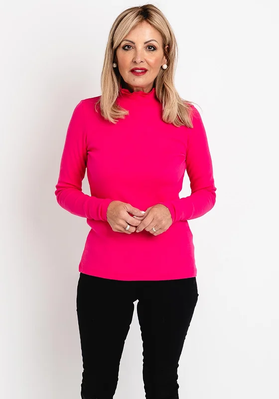 Cable Knit TopsErfo Frilled Funnel Neck Ribbed Sweater, Fuchsia