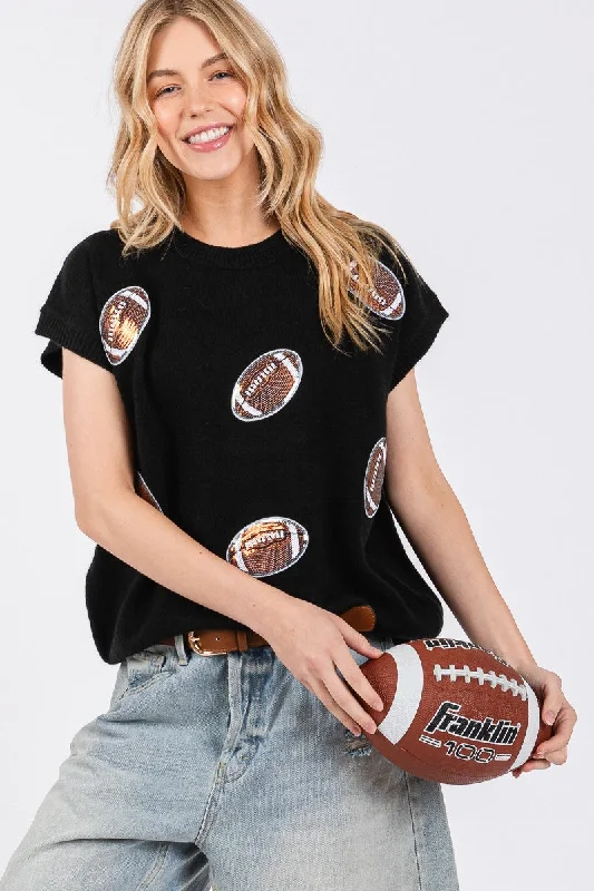 Tasseled Knit TopsBlack Gameday Football Patch Sweater Top