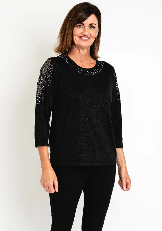 Longline Knit TopsNatalia Collection Glitter Embellished Sweater, Black