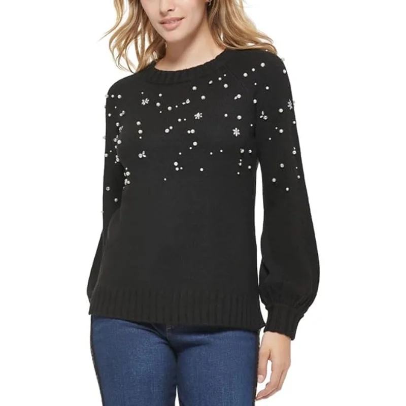 Luxury Knit TopsKarl Lagerfeld Womens Paris Sweater XS Black Embellished Crew Neck Knit NWT