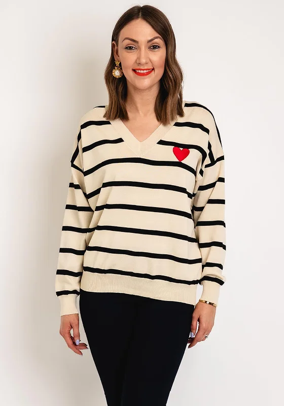 Recycled Fabric Knit TopsSerafina Collection One Size Heart Motif Striped Sweater, Taupe