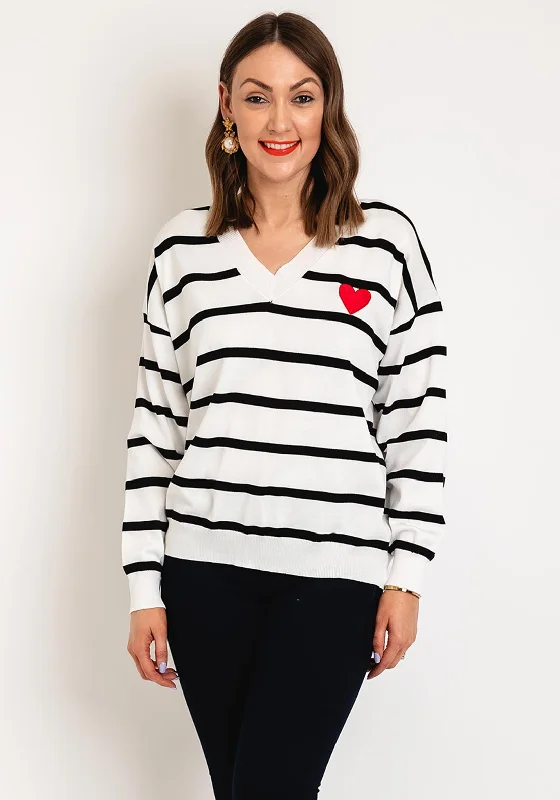 Fleece Knit TopsSerafina Collection One Size Heart Motif Striped Sweater, White