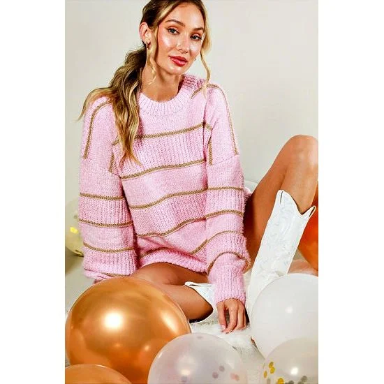 V-Neck Knit TopsLight Pink Sweater with Metallic Stripes