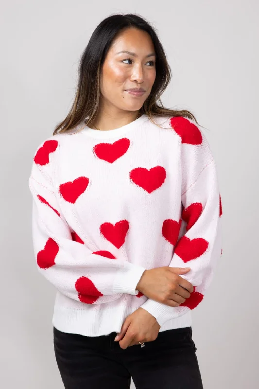 Camping Knit TopsMiracle Multi Heart Sweater for Women in Ivory/Red | W8373-IVORY