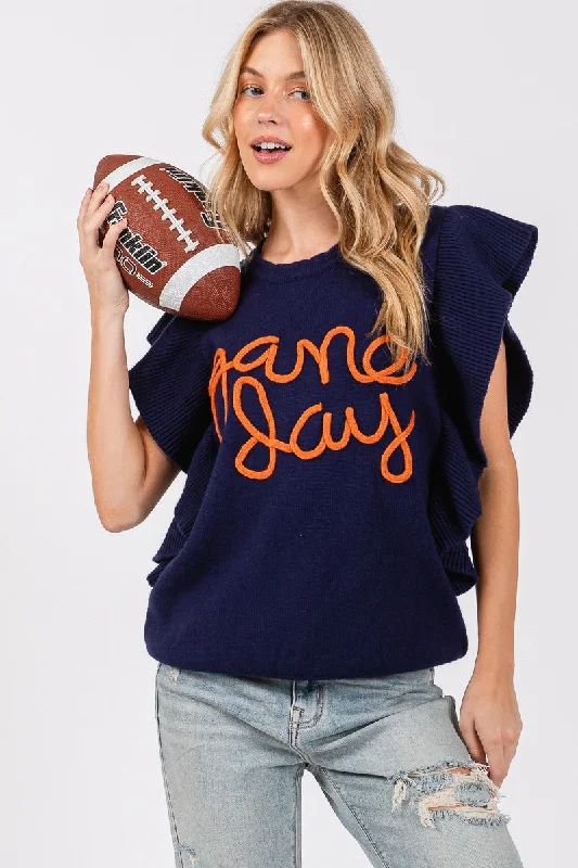 Sheer Knit TopsNavy/Orange Ruffle Sleeve Gameday Sweater Top